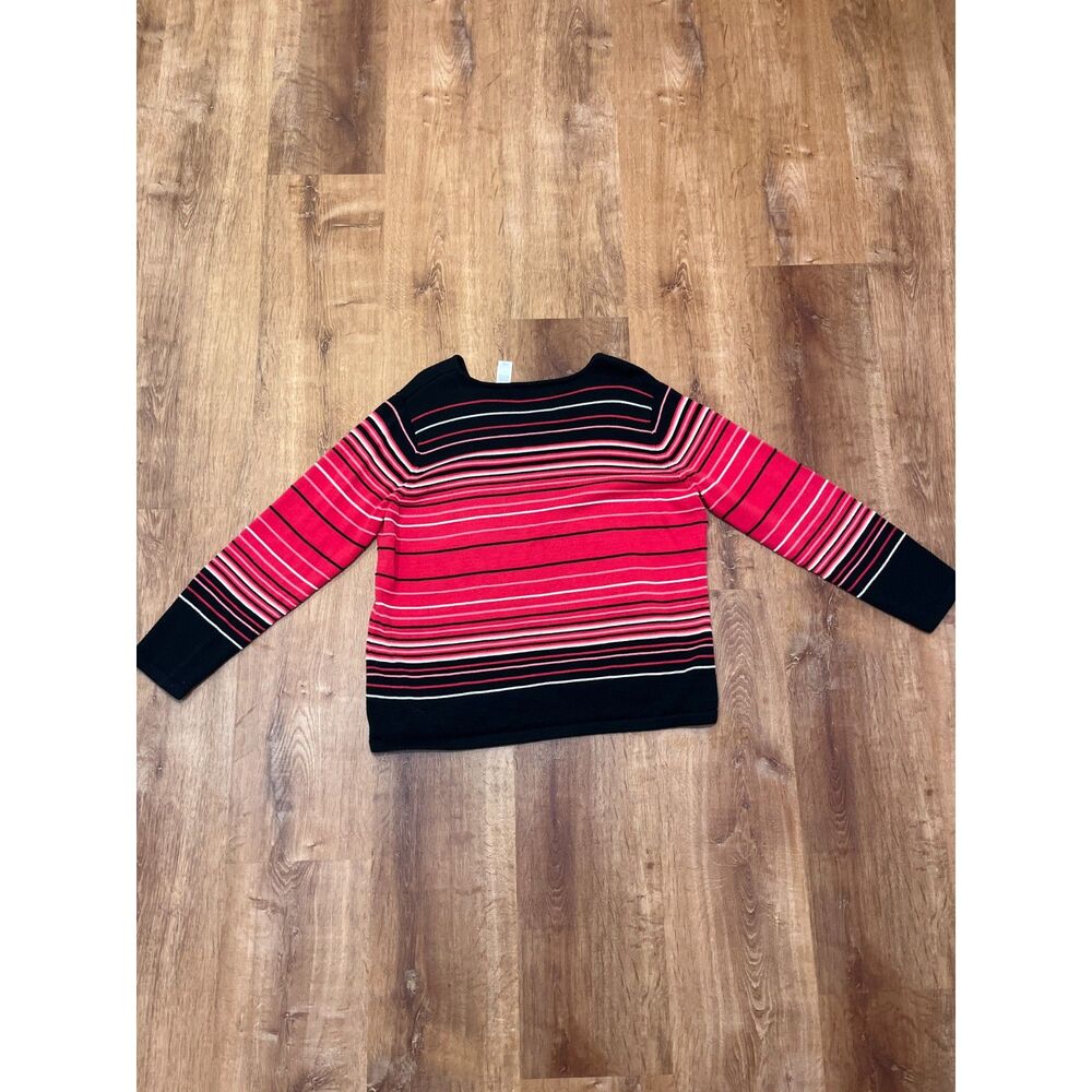 Liz Claiborne Vintage Women's Red Black Striped V-Neck Sweater Plus 1X Cotton